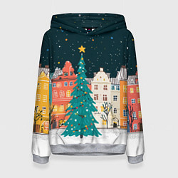 Толстовка-худи женская Новогодняя ночь в городе, цвет: 3D-меланж