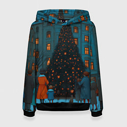 Толстовка-худи женская Люди встречают новый год во дворе, цвет: 3D-черный
