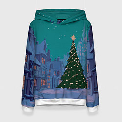 Толстовка-худи женская Зеленая новогодняя елка во вдоре, цвет: 3D-белый