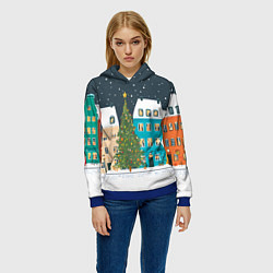 Толстовка-худи женская Новогодний снежный город, цвет: 3D-синий — фото 2