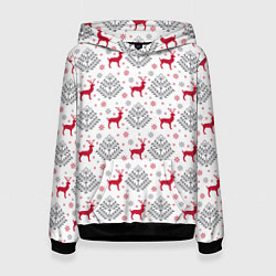 Толстовка-худи женская Олени среди елей, цвет: 3D-черный