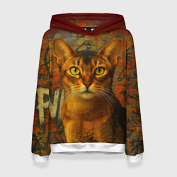 Толстовка-худи женская Абиссинская кошка на фоне кирпичной стены с граффи, цвет: 3D-белый