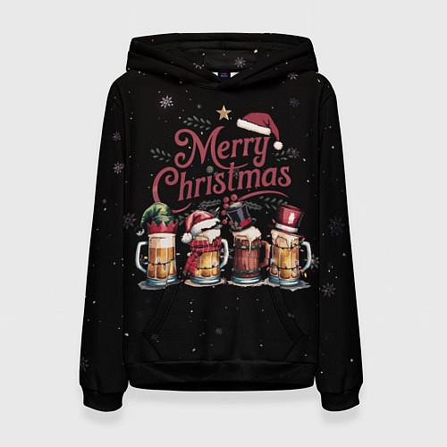 Женская толстовка Кружки пива в новогодних шапках / 3D-Черный – фото 1