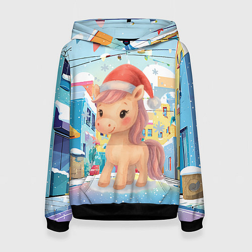 Женская толстовка Лошадка с новогоднем венком / 3D-Черный – фото 1