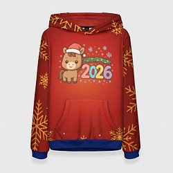 Толстовка-худи женская Новогодняя лошадка 2026 на красном фоне, цвет: 3D-синий