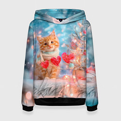 Толстовка-худи женская Котенок и гирлянда из сердечек, цвет: 3D-черный