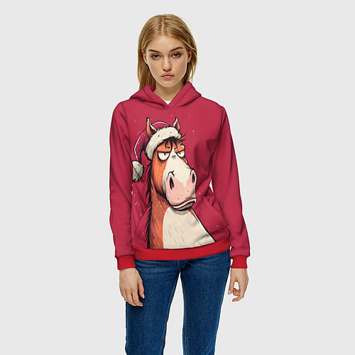 Женская толстовка Комичная новогодняя лошадь / 3D-Красный – фото 3