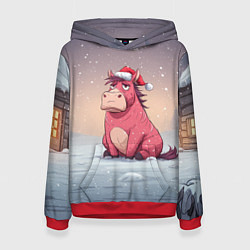 Толстовка-худи женская Розовая новогодняя лошадка, цвет: 3D-красный