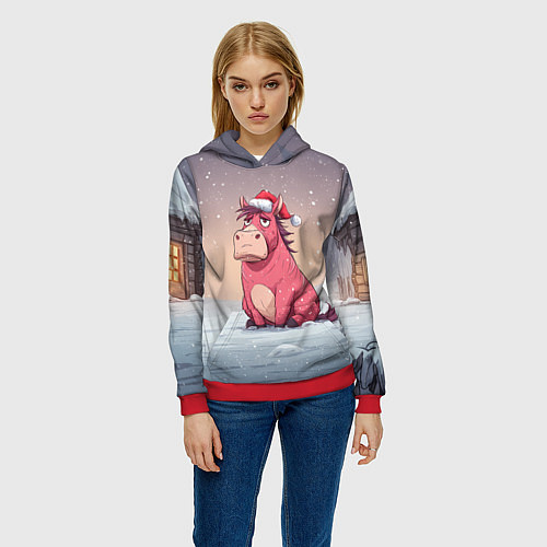 Женская толстовка Розовая новогодняя лошадка / 3D-Красный – фото 3