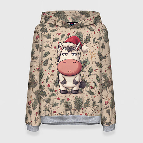 Женская толстовка Новогодняя лошадка на фоне елочных веток / 3D-Меланж – фото 1