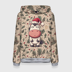 Толстовка-худи женская Новогодняя лошадка на фоне елочных веток, цвет: 3D-меланж
