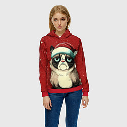 Толстовка-худи женская Грустный Новогодний мем котик, цвет: 3D-красный — фото 2
