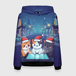 Толстовка-худи женская Новогодние котики с планшетом, цвет: 3D-черный