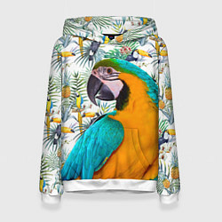 Толстовка-худи женская Летний попугай, цвет: 3D-белый