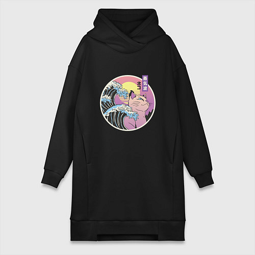Женская толстовка-платье Vaporwave Sunset Кот Самурай / Черный – фото 1