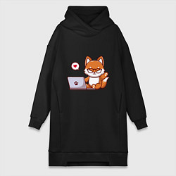 Женское худи-платье Cute fox and laptop, цвет: черный