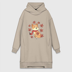 Женская толстовка-платье Осенний милый котик и листопад