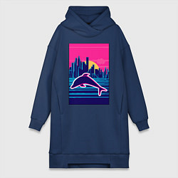 Женское худи-платье Дельфин на фоне города, цвет: тёмно-синий