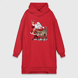 Женское худи-платье Прикольный дедуля с подарком и олень, цвет: красный