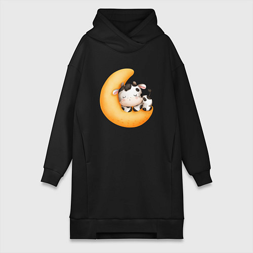 Женская толстовка-платье Спящий бычок на месяце / Черный – фото 1