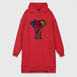 Женское худи-платье Психоделически раскрашенный слон, цвет: красный
