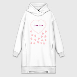 Женское худи-платье Розовые сердечки надпись Время любви, цвет: белый