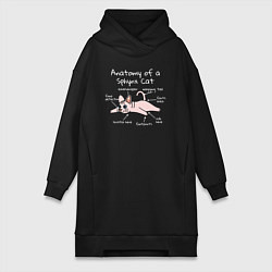 Женское худи-платье Анатомия кошки сфинкса, цвет: черный