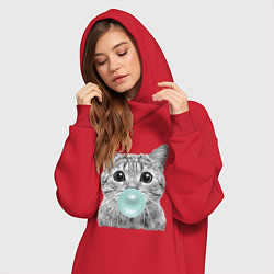 Женское худи-платье Котик надувающий пузырь из жевачки, цвет: красный — фото 2