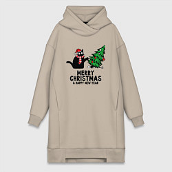 Женская толстовка-платье Кот роняет новогоднюю ёлку
