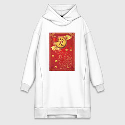 Женское худи-платье Китайский иероглиф и золотой кролик на красном, цвет: белый