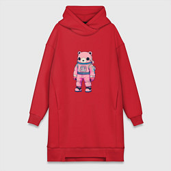 Женское худи-платье Розовый мишка космонавт, цвет: красный