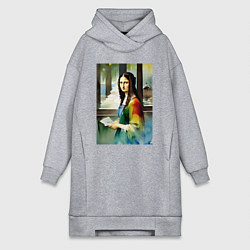 Женское худи-платье Мона Лиза в библиотеке - нейросеть - акварель, цвет: меланж