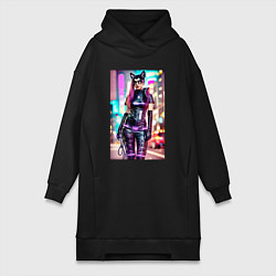 Женское худи-платье Cyberpunk - cat girl - neural network, цвет: черный