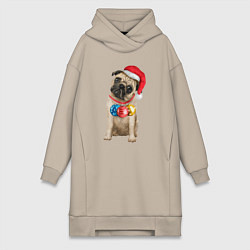 Женское худи-платье Новогодний мопс, цвет: миндальный