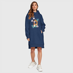 Женское худи-платье Деревянный домик со свечой, хлопком и еловыми ветк, цвет: тёмно-синий — фото 2