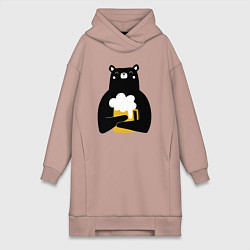 Женское худи-платье Мишка с кружкой пива, цвет: пыльно-розовый