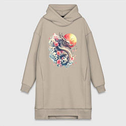 Женское худи-платье Японский дракон на фоне солнца и цветки сакуры, цвет: миндальный