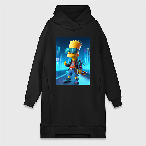 Женская толстовка-платье Барт Симпсон в неоновом городе со скейтбордом - не / Черный – фото 1