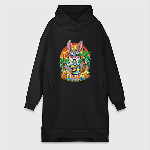 Женская толстовка-платье Заяц играет на гитаре жарким летом / Черный – фото 1