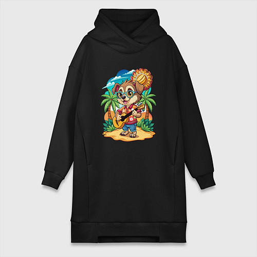 Женская толстовка-платье Щенок играет на гитаре жарким летом / Черный – фото 1