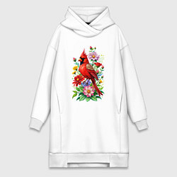 Женское худи-платье Птица красный кардинал среди цветов, цвет: белый