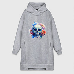 Женское худи-платье Акварельный череп в цветах, цвет: меланж