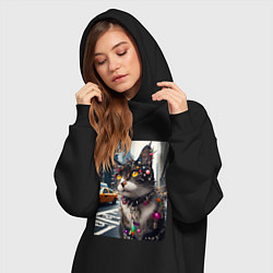 Женское худи-платье Пирсинг Нью-Йоркского кота - нейросеть, цвет: черный — фото 2