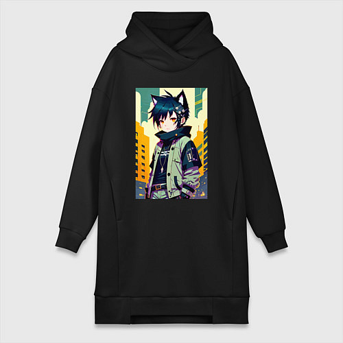 Женская толстовка-платье Девочка котёнок - нейросеть / Черный – фото 1