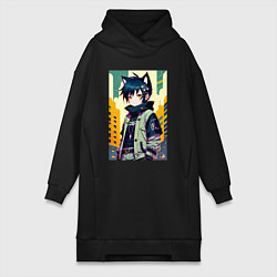 Женское худи-платье Девочка котёнок - нейросеть, цвет: черный