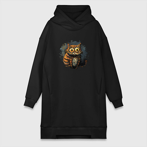 Женская толстовка-платье Большеглазый рыжий кот маслом / Черный – фото 1