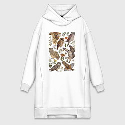 Женское худи-платье Разные совы и цветы, цвет: белый
