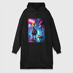 Женская толстовка-платье Барт Симпсон гуляет с роботом котом в ночном город