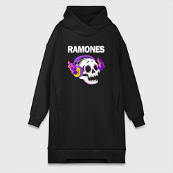 Женское худи-платье Ramones - неоновый череп, цвет: черный