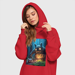 Женское худи-платье Тоторо вспугнул кота в ночь на хэллоуин - фантазия, цвет: красный — фото 2